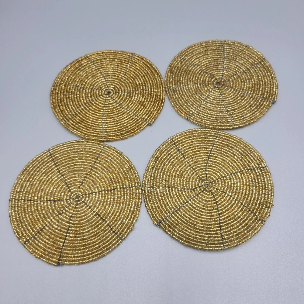 4 Piece Decorative Coaster Set Boho Glass Beads Art Gold Tone Table Decor 4